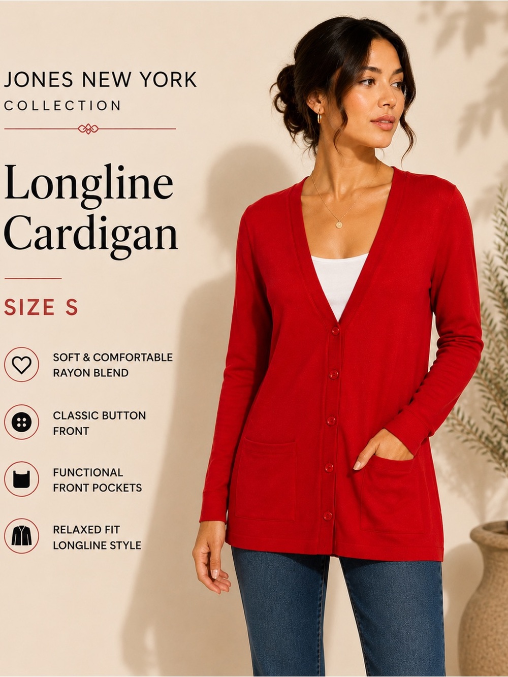 Jones New York Collection Red Longline Cardigan Size S Button Front Pockets